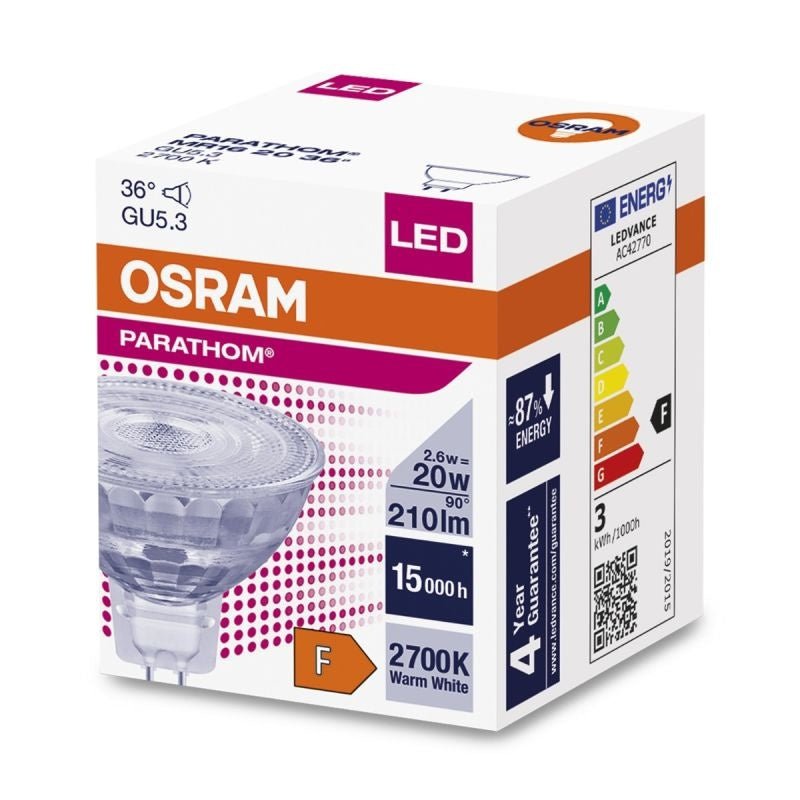 Osram Faretto LED GU5.3 MR16 2.6W 230 lumen, 3000K, IP20, angolo di fascio 36°