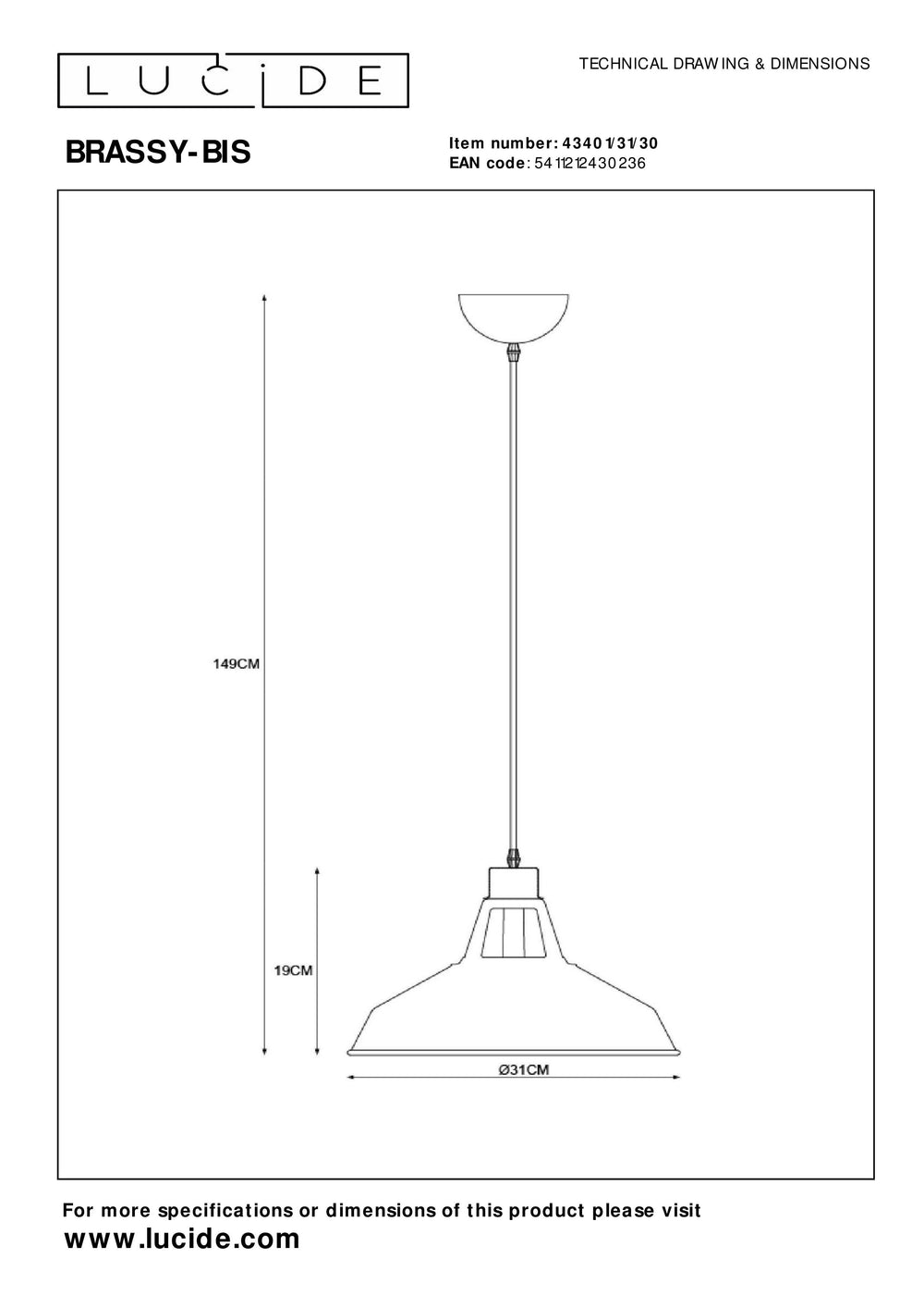 Lampada a sospensione Lucide BRASSY-BIS Nera, 1xE27 attacco, altezza regolabile, paralume rotondo in metallo Ø31cm, IP20