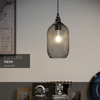 Lucide Mesh hanging lamp Black, round metal shade Ø150mm, E27 socket 60W max, height adjustable, IP20