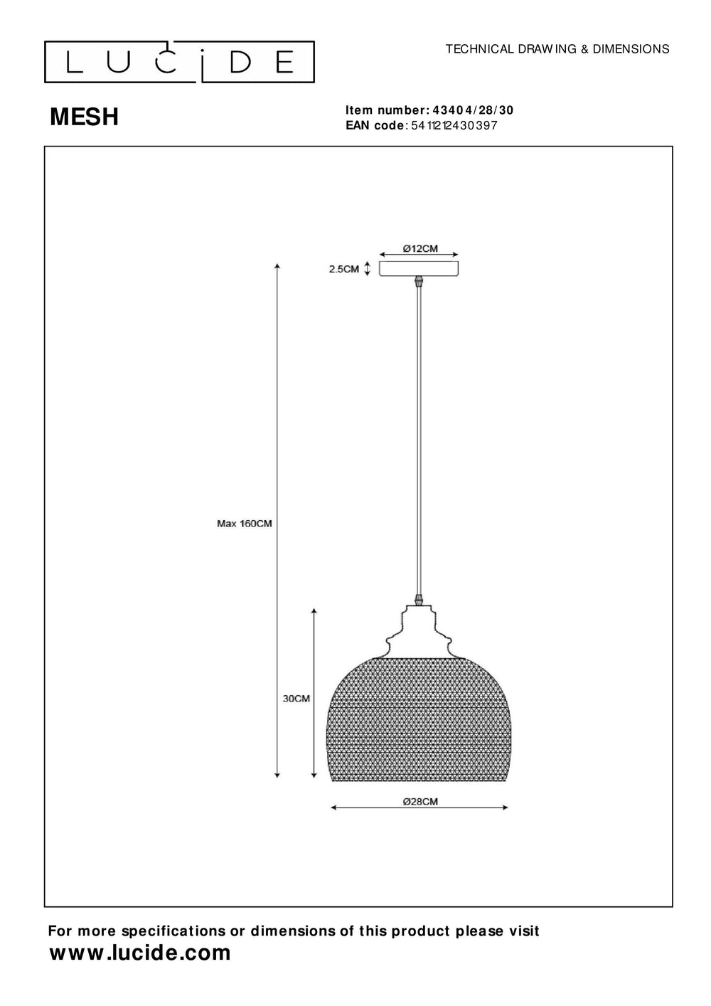 Lampada a sospensione Lucide MESH Nera ⌀28cm 1xE27 moderna in metallo IP20 altezza regolabile dimmerabile