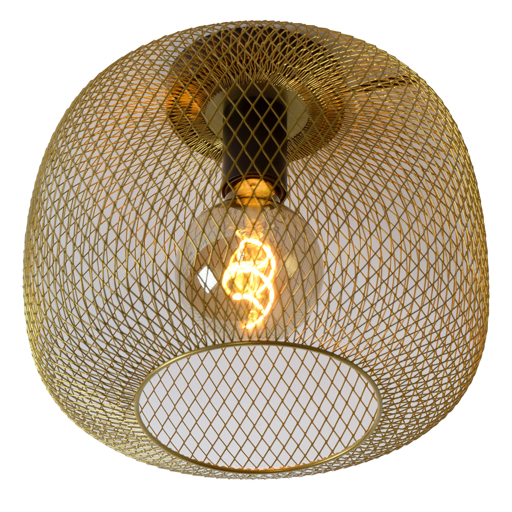 Plafoniera Lucide MESH 30cm cilindro in metallo, attacco E27, Nero Opaco con finitura Oro, stile vintage IP20