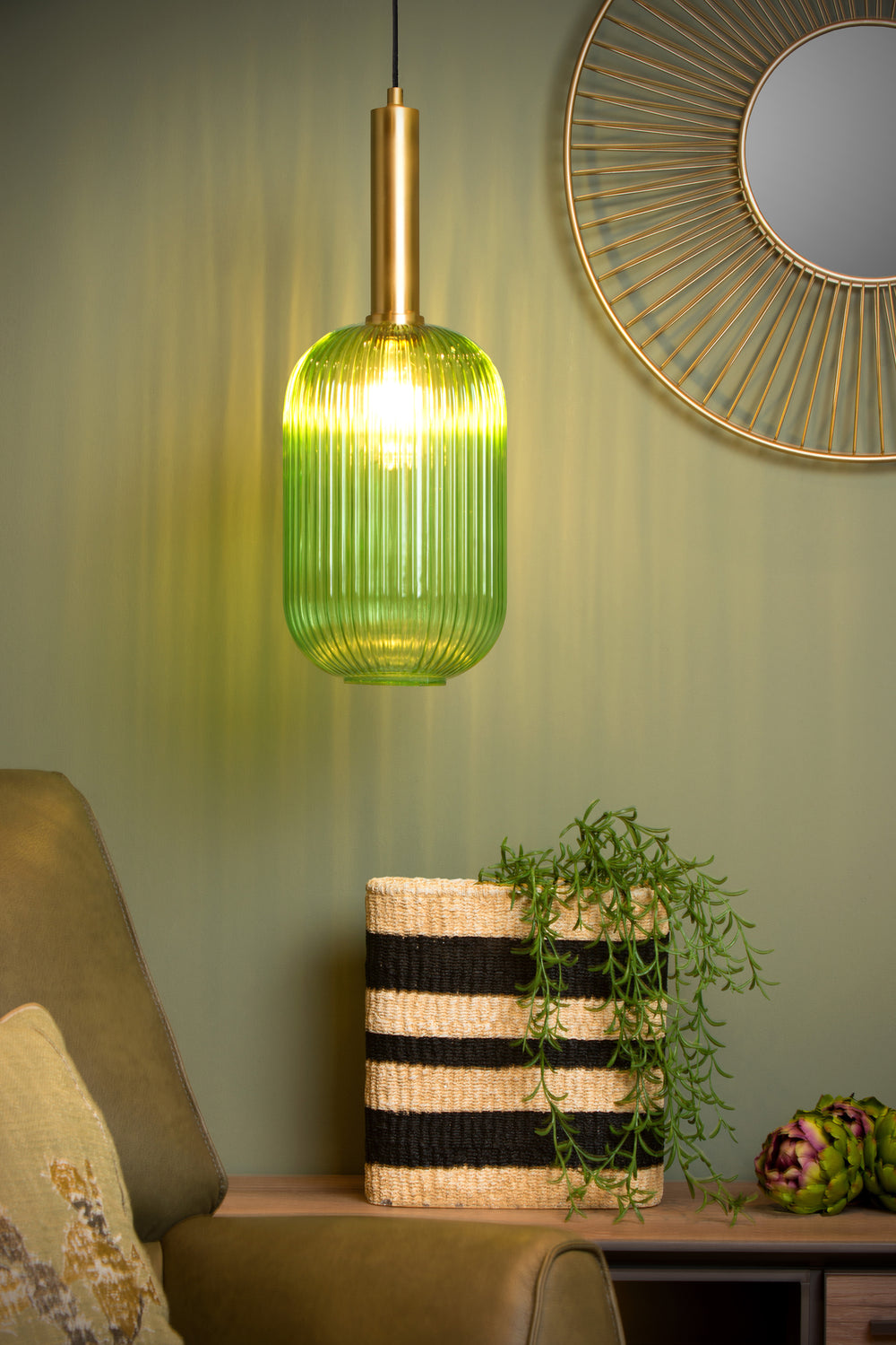 Lucide MALOTO pendant light, vintage oval metal and glass, E27 socket, 40W max, IP20, green bronze finish