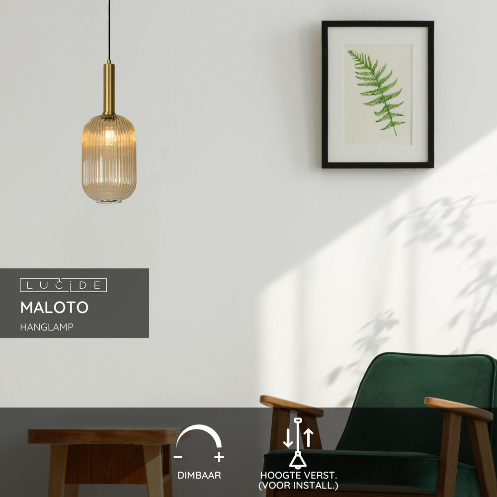 Lucide MALOTO lampada a sospensione vintage, 1xE27, 40W max, vetro ambra, finitura bronzo, altezza regolabile, IP20