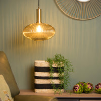 Lampada a sospensione vintage Lucide Maloto, 1xE27, vetro ambra, finitura in metallo bronzo, Ø30cm, altezza regolabile, IP20