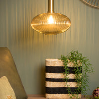 Lampada a sospensione vintage Lucide Maloto, 1xE27, vetro ambra, finitura in metallo bronzo, Ø30cm, altezza regolabile, IP20