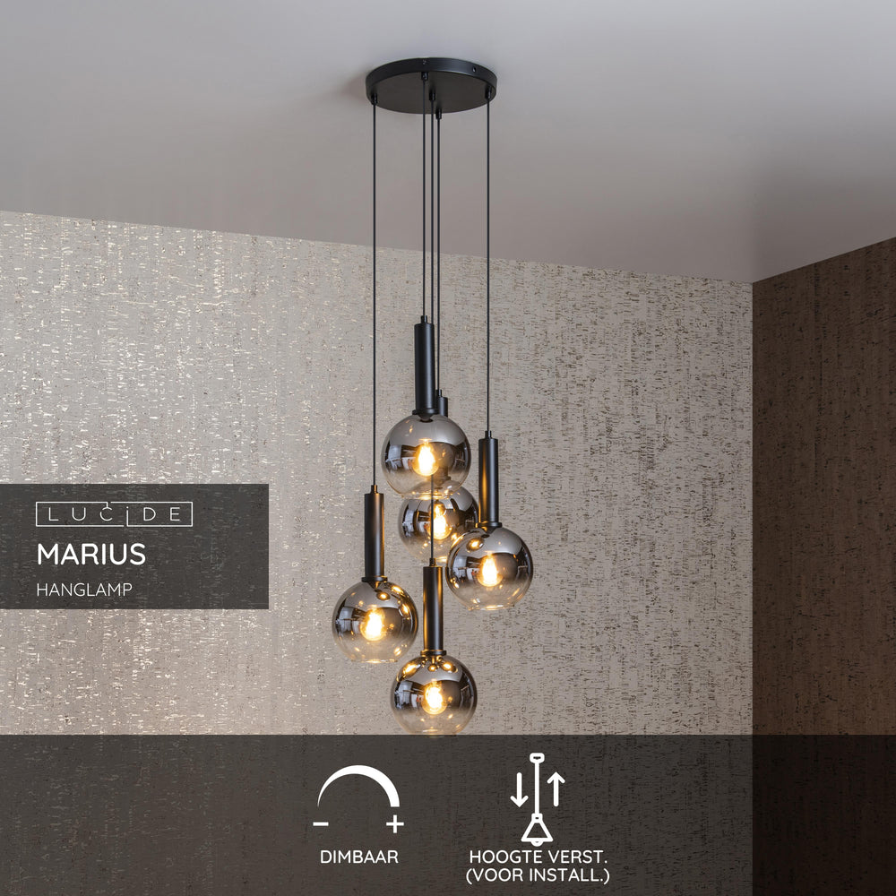 Lampada a sospensione Lucide MARIUS 5xE27 Vetro nero 55cm altezza regolabile design moderno da interno IP20