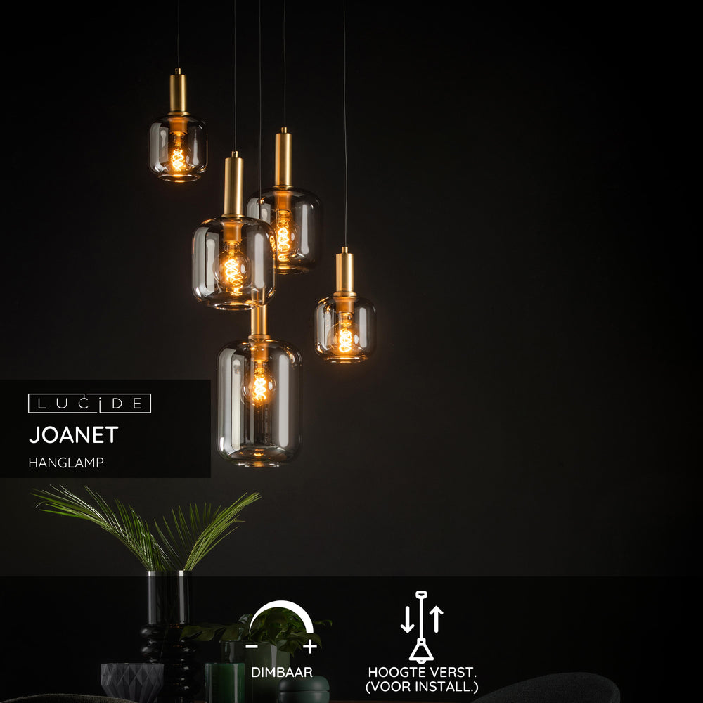 Lampada a sospensione Lucide JOANET Ø66cm, 5xE27, dimmerabile, altezza regolabile, Bronzo con vetro fumé, IP20