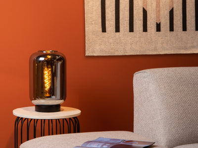 Lampada da tavolo Lucide JOANET 1xE27 vetro Fumè design moderno con base in metallo nero Ø22cm IP20