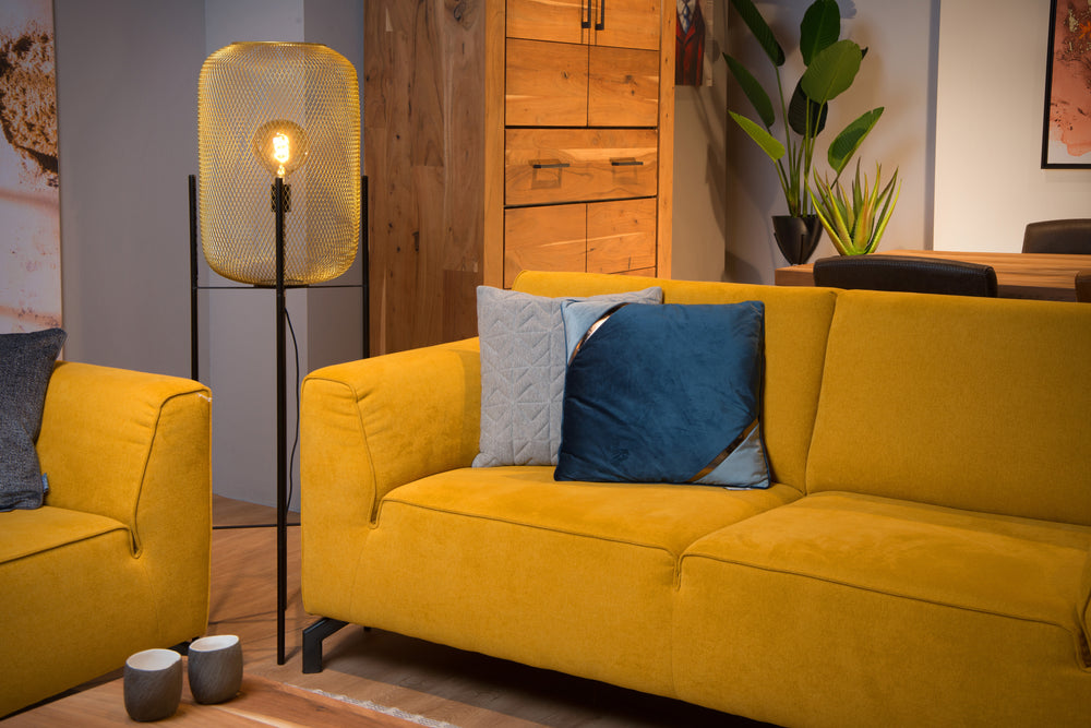 Lucide Mesh floor lamp, vintage metal cylinder, E27 socket, 40W max, IP20, matt black & gold finish