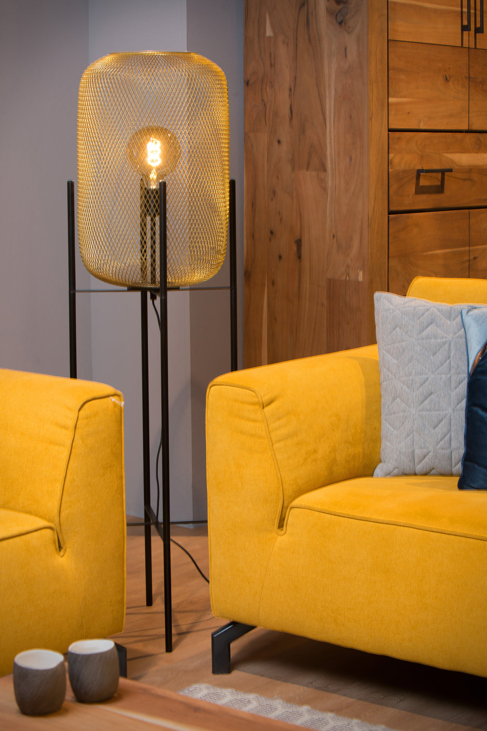 Lucide Mesh floor lamp, vintage metal cylinder, E27 socket, 40W max, IP20, matt black & gold finish