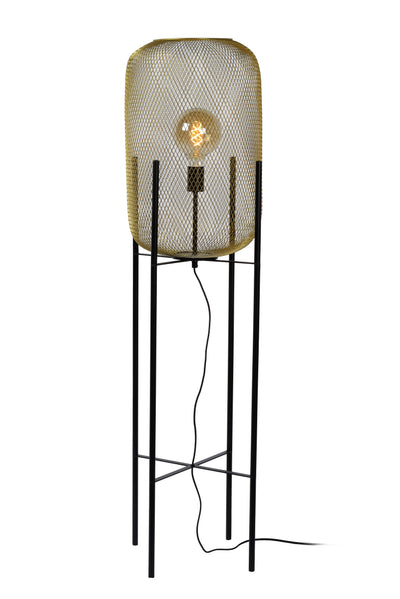 Lampada da terra Lucide Mesh, cilindro in metallo vintage, attacco E27, max 40W, IP20, finitura nero opaco e oro