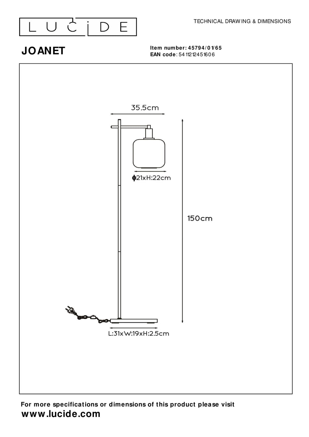 Lampada da terra Lucide Joanet Vetro Fumè design moderno con attacco E27, Base in acciaio nero, Uso interno IP20