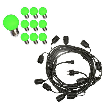 Spectrum LED string lights 10m with 10x G45 green bulbs 1W E27