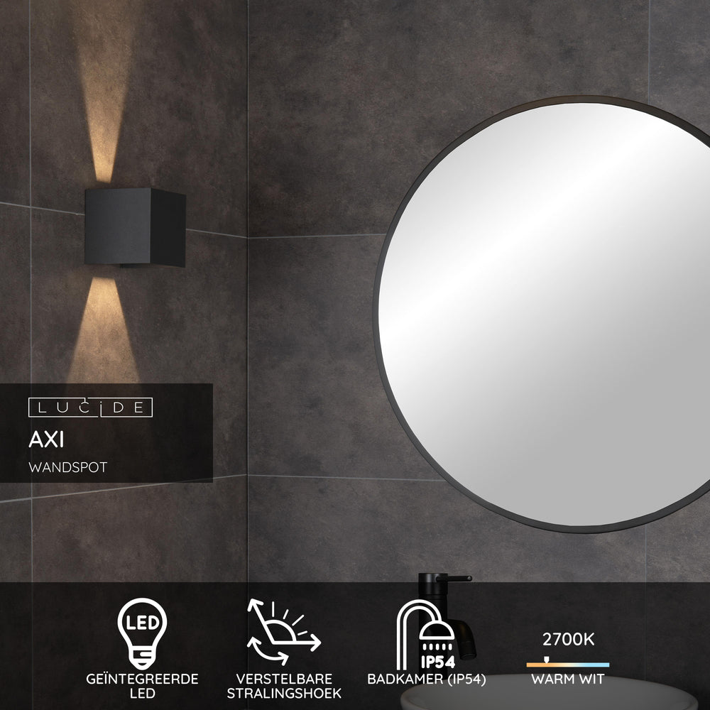 Lucide AXI LED wall light, 2x7W 2700K, IP54, adjustable beam angle, Black aluminum, modern bathroom lighting