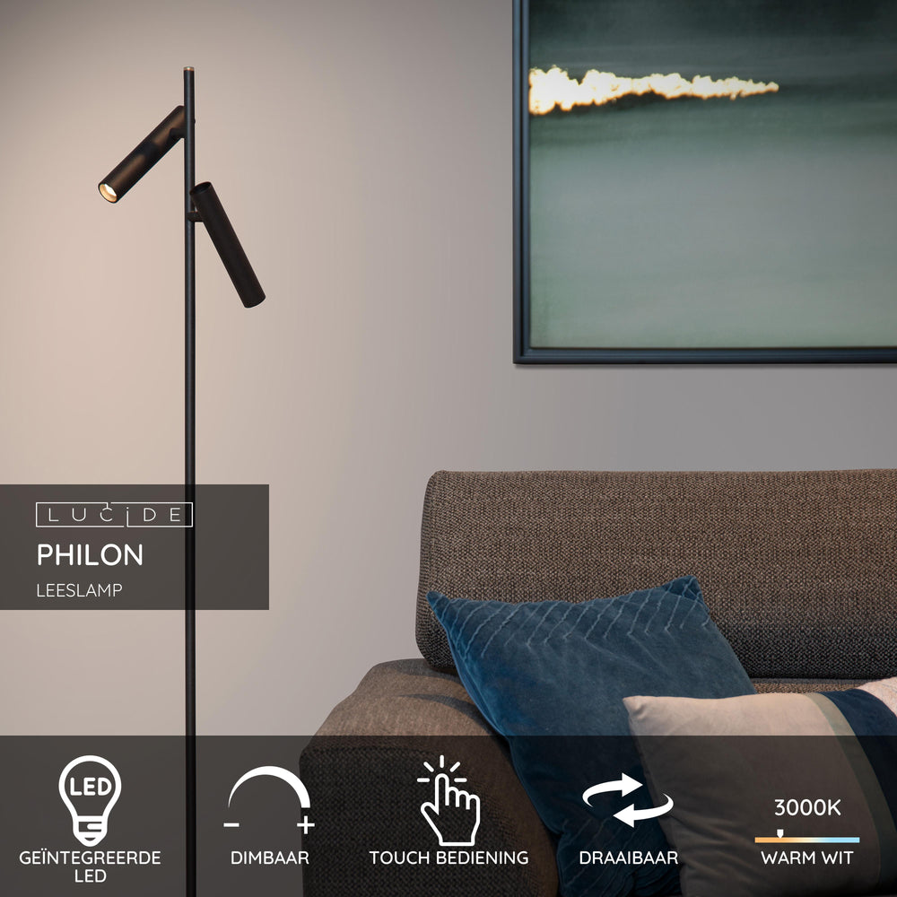 Lampada da lettura LED Lucide PHILON, 2x4.5W 3000K dimmerabile con controllo touch, 220-240V, IP20, Nero, 140cm