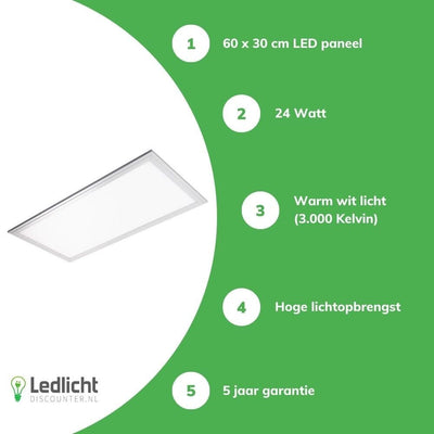 Lcb led panel 60x30cm 3000K 2040 lumen 24W ip20 ce rohs 5-year warranty
