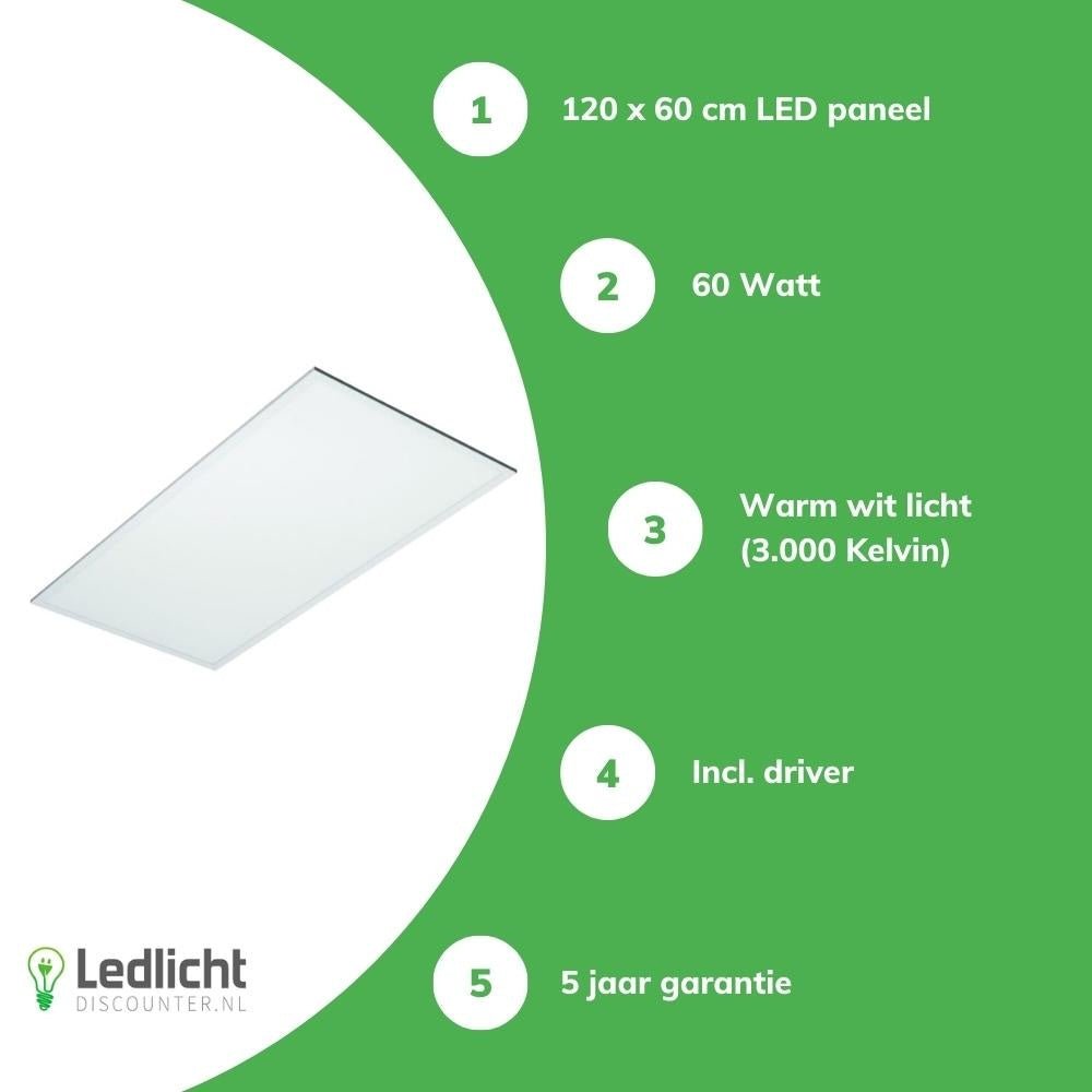 lcb led panel 120x60cm 3000k 60w 7200 lumen incl driver