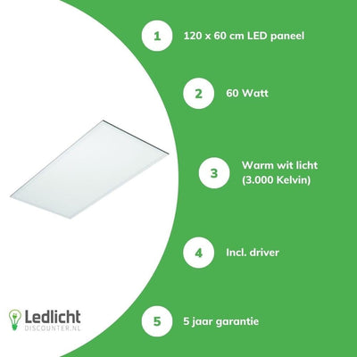 lcb led panel 120x60cm 3000k 60w 7200 lumen incl driver