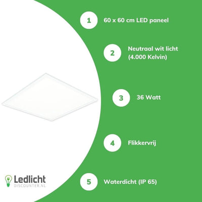 led panel 60x60cm ip65 moisture resistant 36w 4320 lumen 4000k cool white ugr22 opal