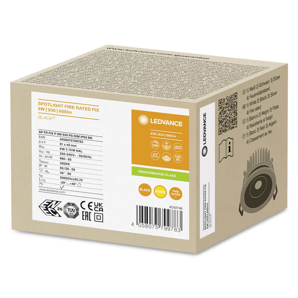 Faretto a LED da incasso resistente al fuoco Ledvance 8W 3000K dimmerabile IP65 Nero 90CRI fascio 36°