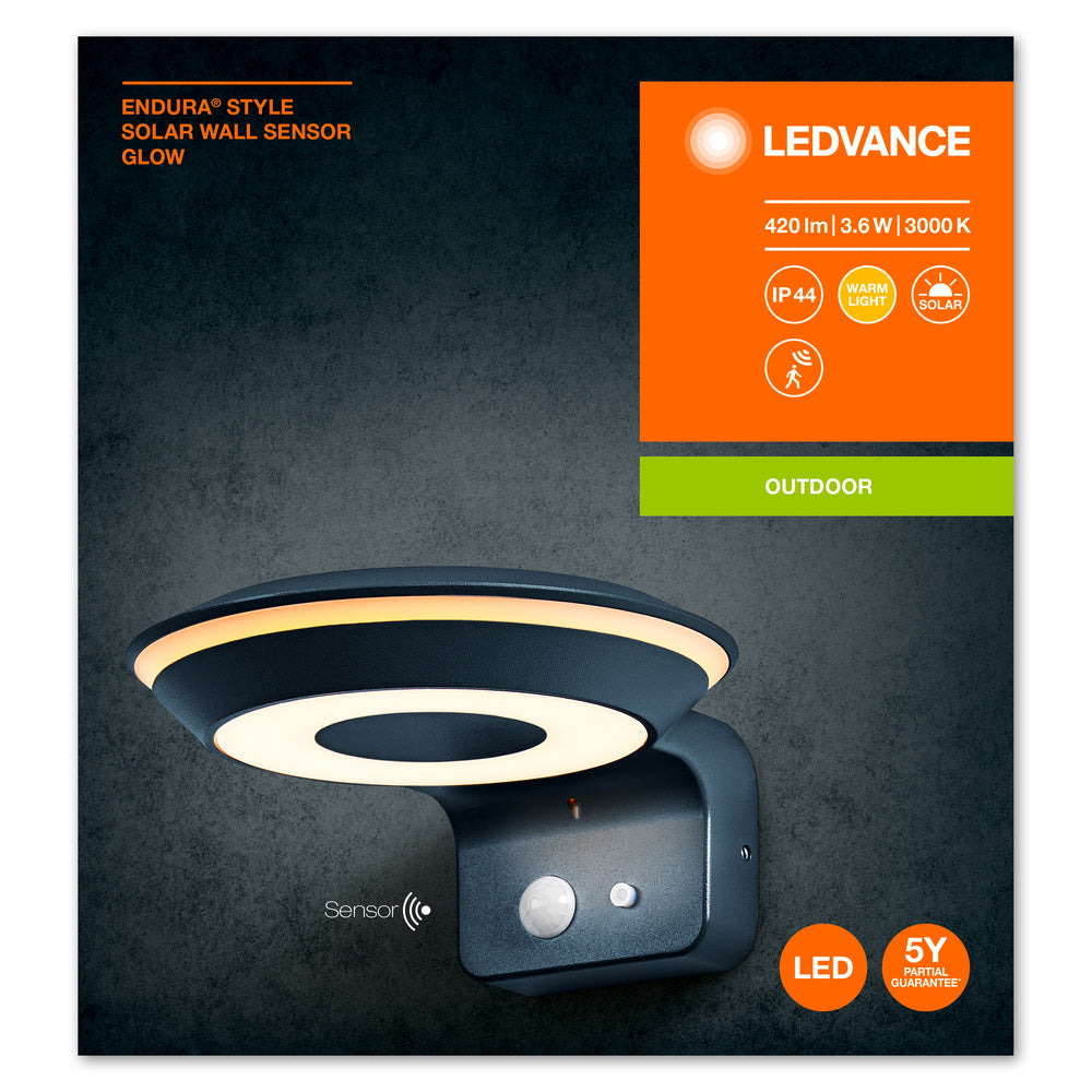 Ledvance Endura Style solare GLOW Sensore da Parete LED 3.6W 3000K IP44 Grigio Scuro Lampada da Esterno