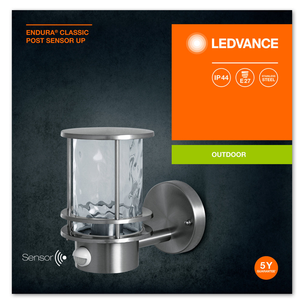 Ledvance ENDURA Classic Post Sensor Up E27 outdoor stainless steel wall light IP44 with motion and light sensor