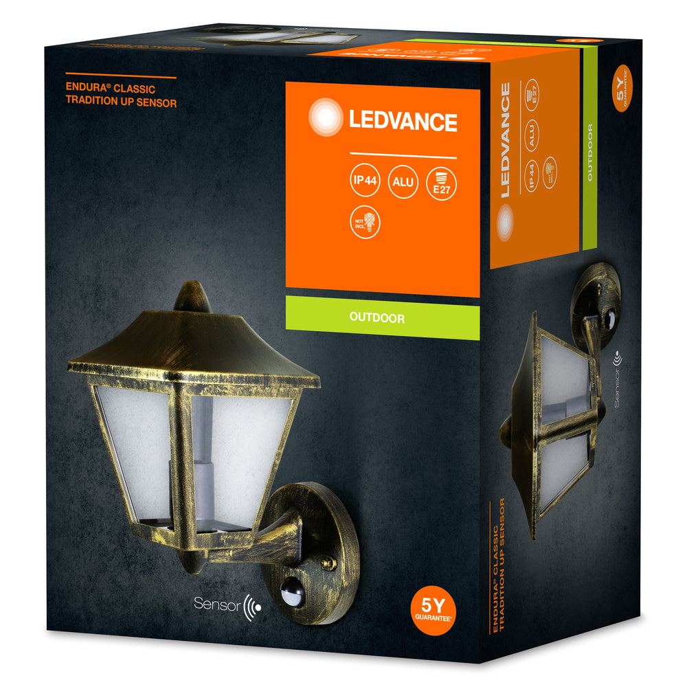 Ledvance ENDURA Classic Tradition Up Sensore Applique da Parete E27 Oro Nero Esterno IP44 Alluminio Pressofuso