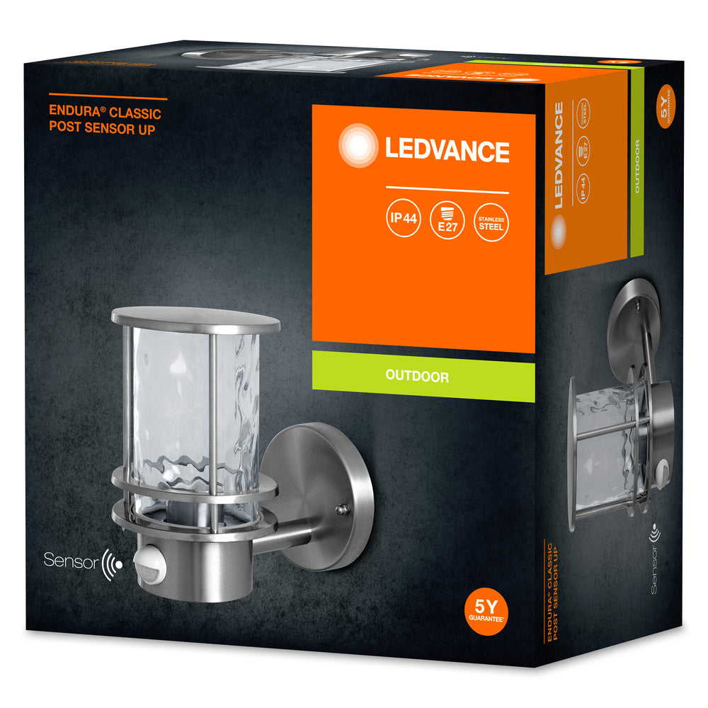 Ledvance ENDURA Classic Post Sensor Up E27 lampada da parete per esterni in acciaio inox IP44 con sensore di movimento e luce