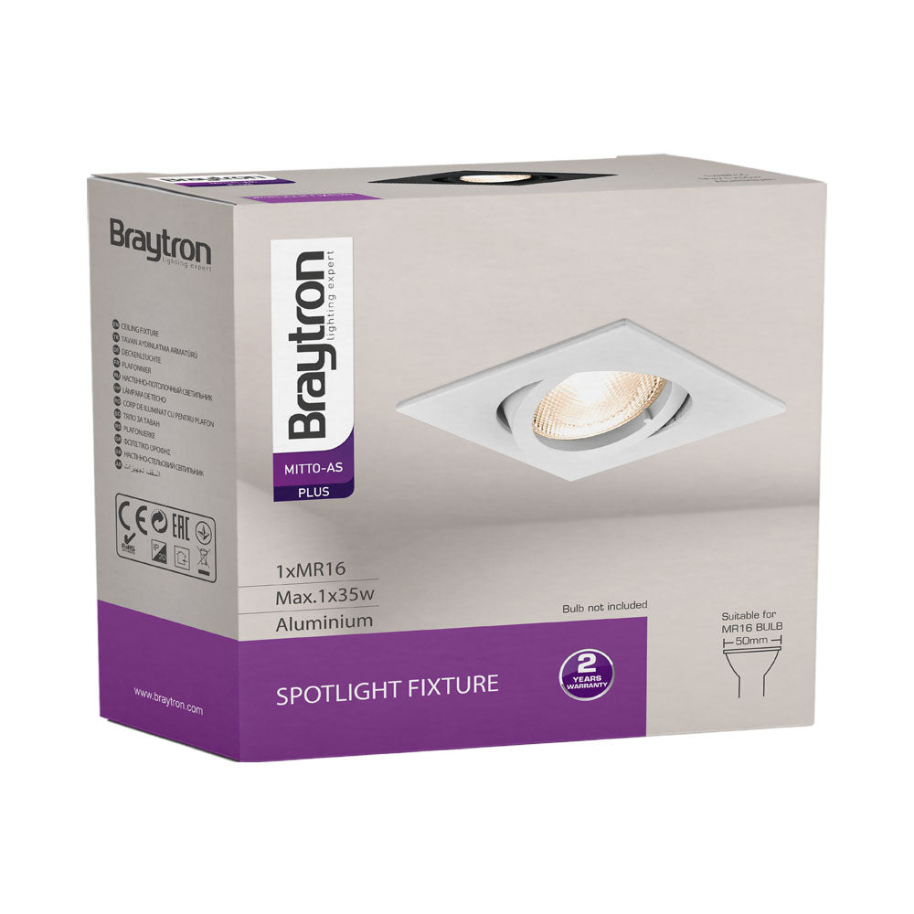 faretto incasso quadrato nero braytron 35w, alluminio, ip20, interno gu10, mr16