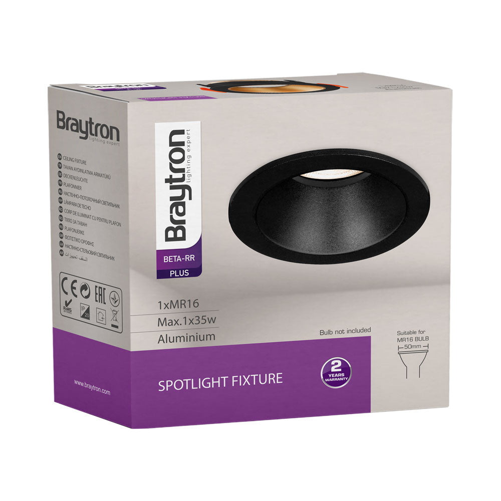 Braytron indoor spotlight, MR16 socket, 35W, black aluminum, 85mm diameter