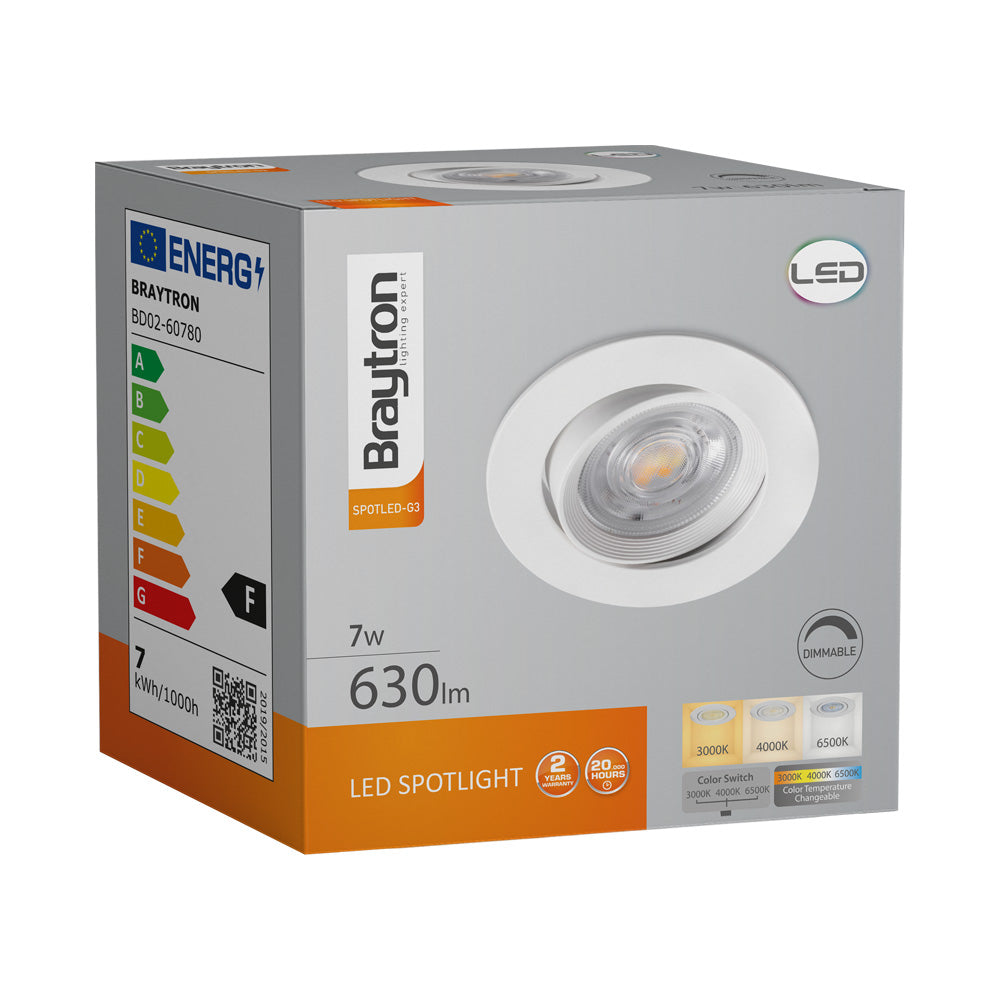 Faretto LED Braytron 7W 220-240V 3-in-1 CCT Dimmerabile Rotondo Bianco IP20 630 lumen Fascio 38°