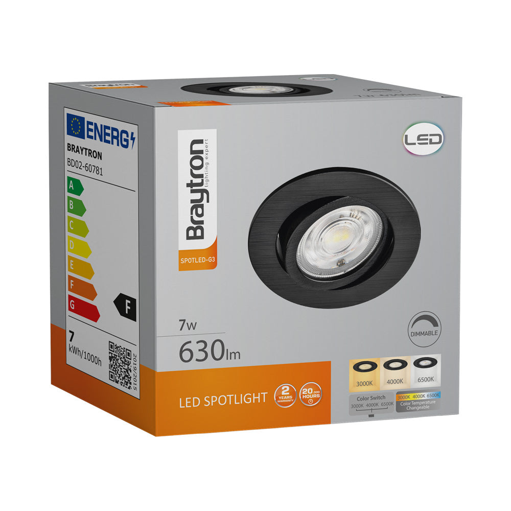 Braytron Faretto LED 7W Nero Rotondo 3-in-1 CCT Dimmerabile 220-240V 630 lumen IP20 38° Illuminazione da Interno