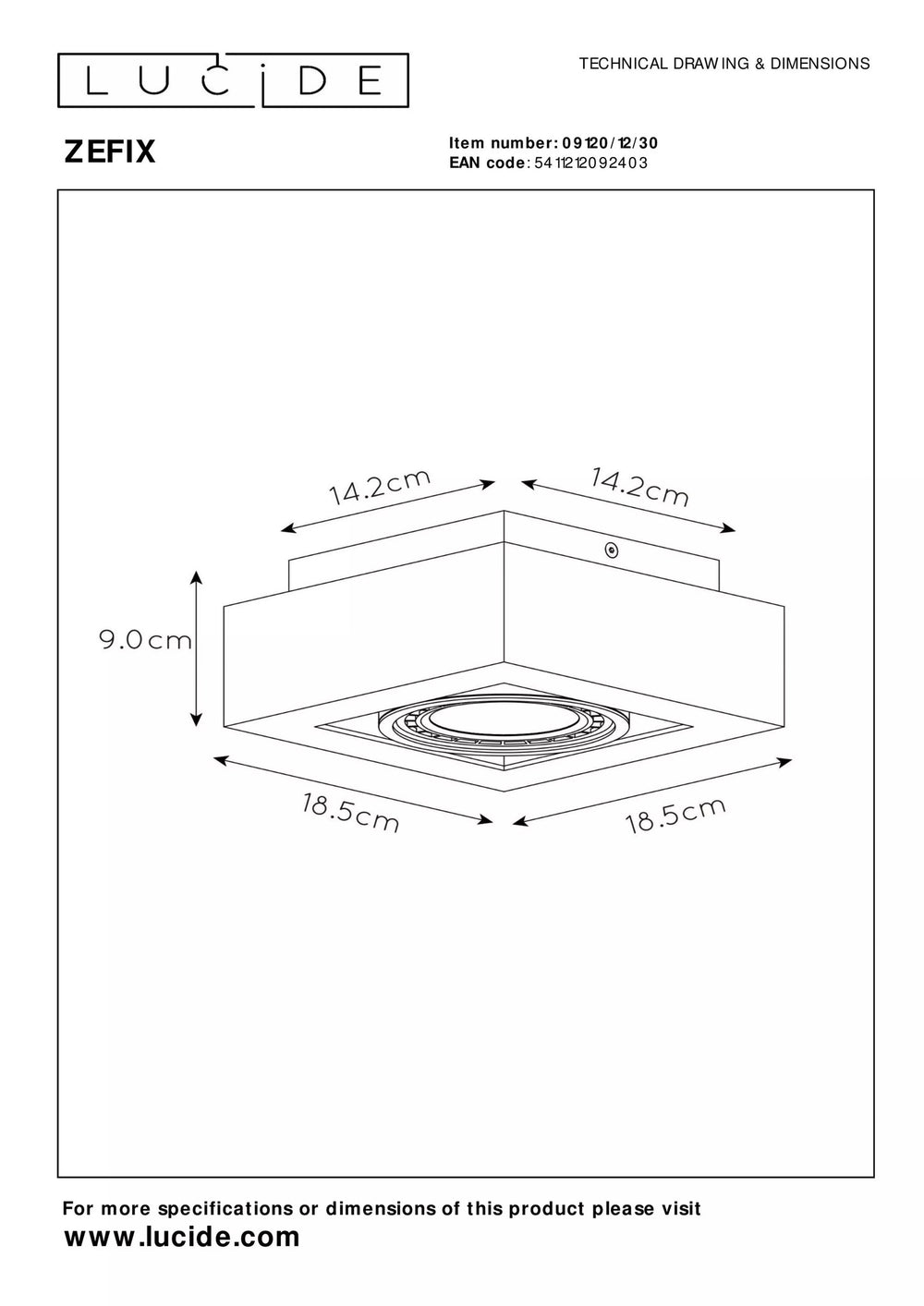 Lucide ZEFIX Faretto da soffitto LED, dim to warm, GU10 12W 2200K-3000K, orientabile, quadrato, Nero, IP20