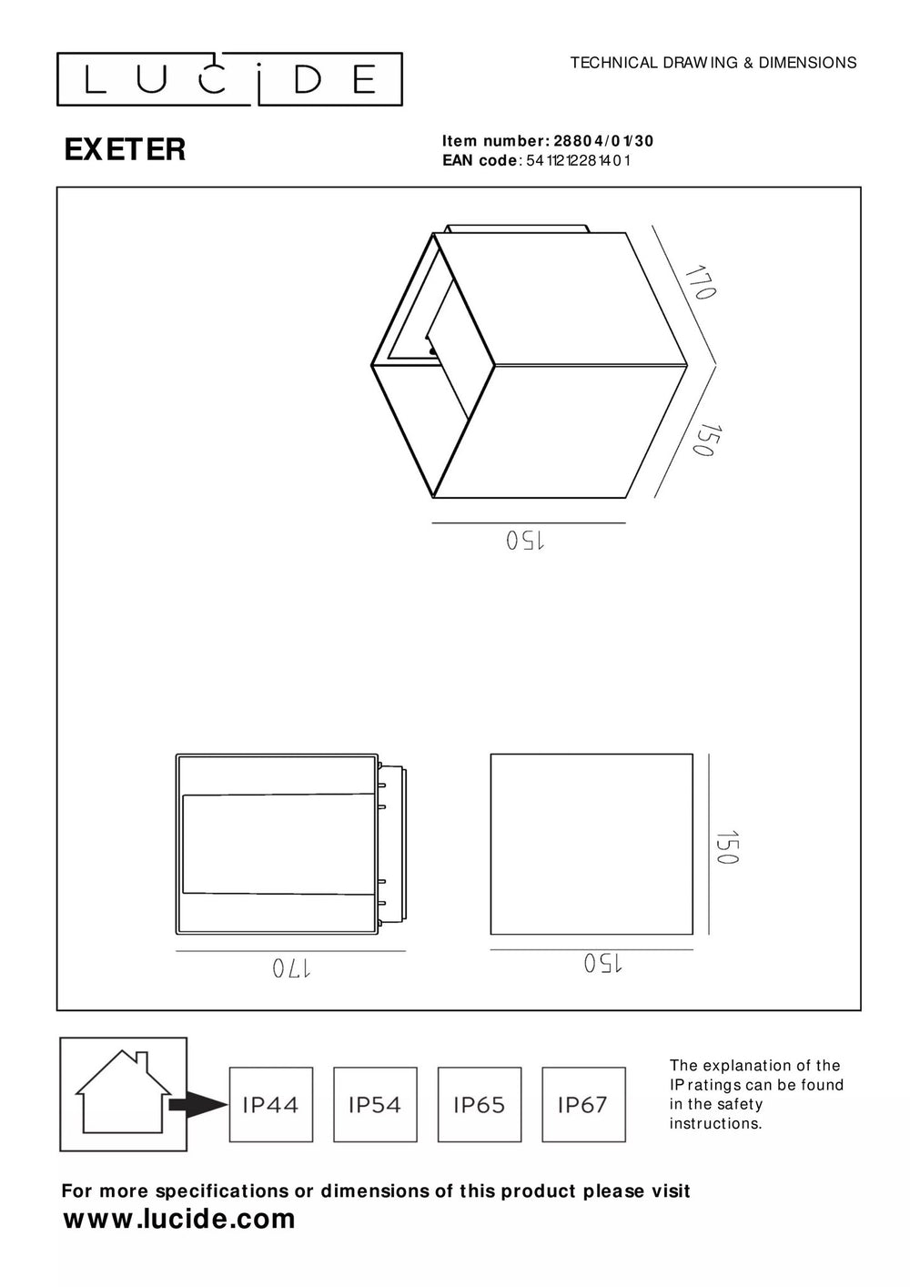 Lucide EXETER applique da esterno Nera attacco E27 IP54 corpo in alluminio design resistente