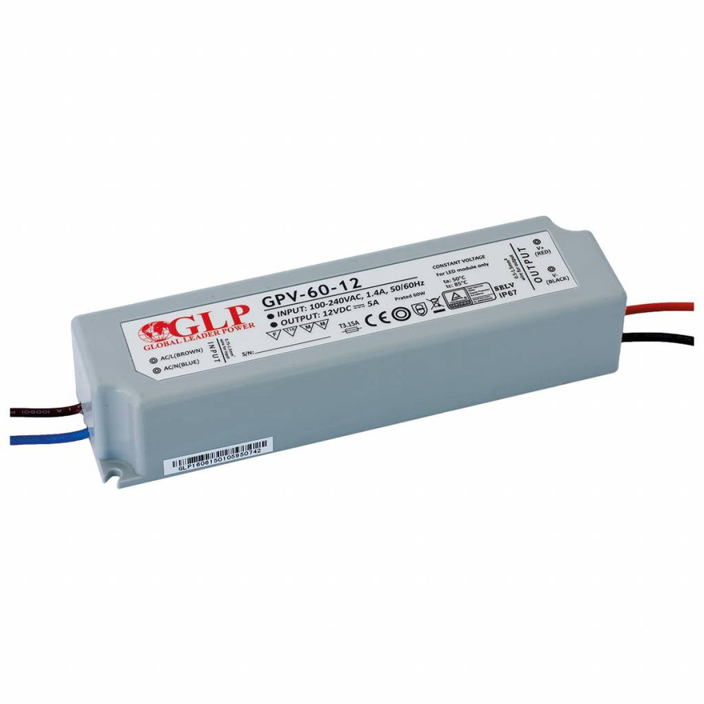 GLP LED power adapter 12V 60W 5A, IP67 waterproof driver for 12V LED lighting, CE RoHS certified