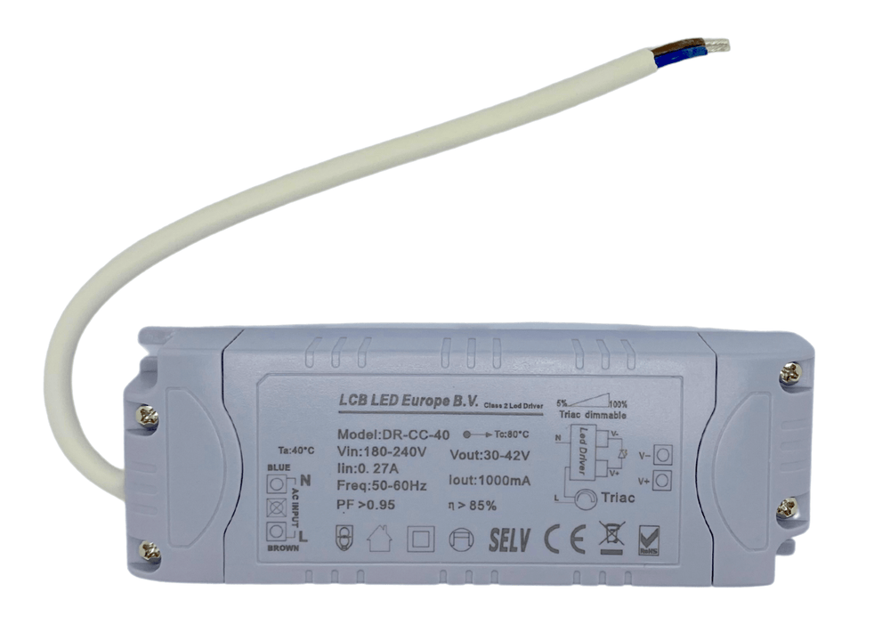 Lcb dimmable LED driver for 36W/40W LED panel, 30-42V 1000mA, IP20, triac phase cut