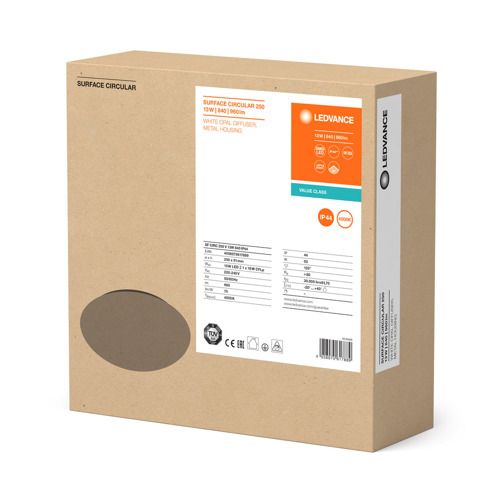 Plafoniera LED circolare da superficie Ø250 Bianco, 13W 960 lumen, 4000K, IP44