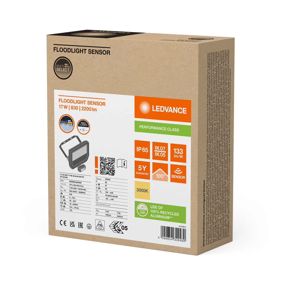 Faretto LED 17W 2200 lumen 3000K IP65 Nero con sensore di movimento e luce