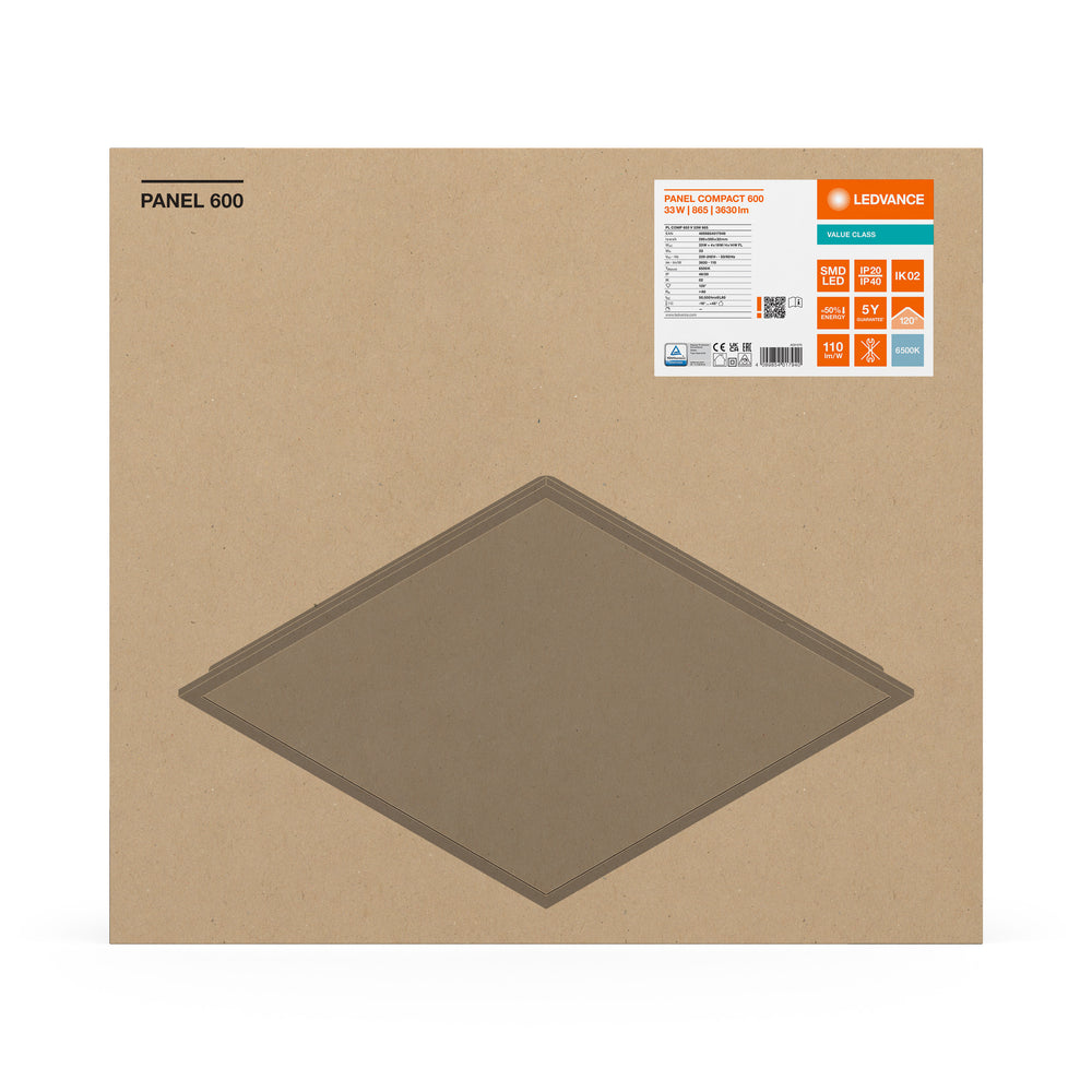 Pannello LED Compatto 33W 3630 lumen 6500K Luce diurna 60x60cm Alluminio Bianco IP20 CRI 80 CE RoHS