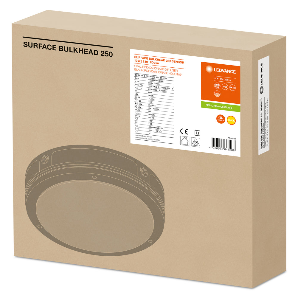 Lampada da Parete LED Bulkhead con Sensore, 10W 800 lumen, 3000K Bianco Caldo, IP65 IK10, Nero Ø250MM