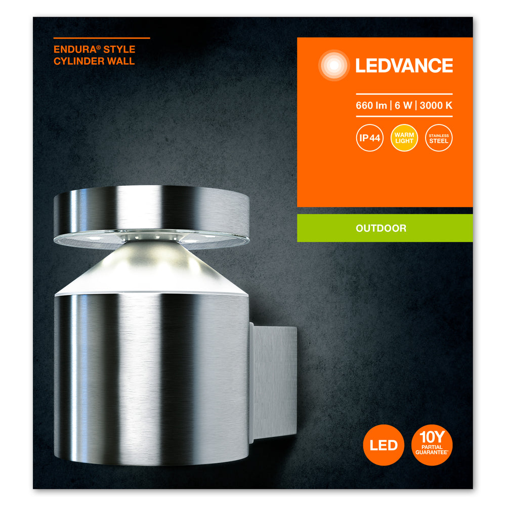 Ledvance ENDURA Style Cylinder Wall Lampada LED da Parete 6W 3000K IP44 Acciaio Inox per Esterni da Montaggio Superficiale