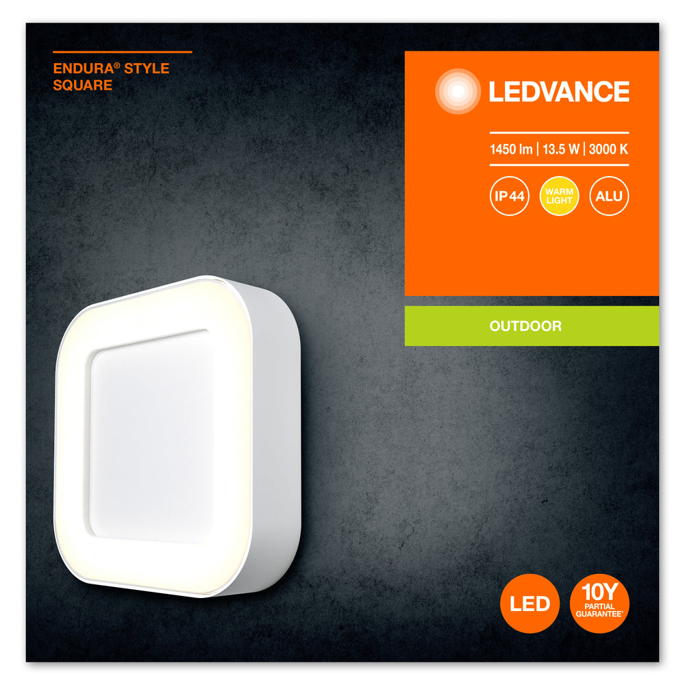 Ledvance ENDURA Style Square Applique da Parete LED 13.5W 3000K 220-240V IP44 IK07 Bianco da Esterno a Montaggio Superficiale