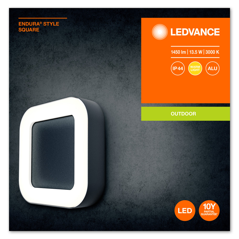 Ledvance ENDURA Style Square LED wall light 13.5W 3000K Dark Gray IP44 IK07 outdoor surface mount