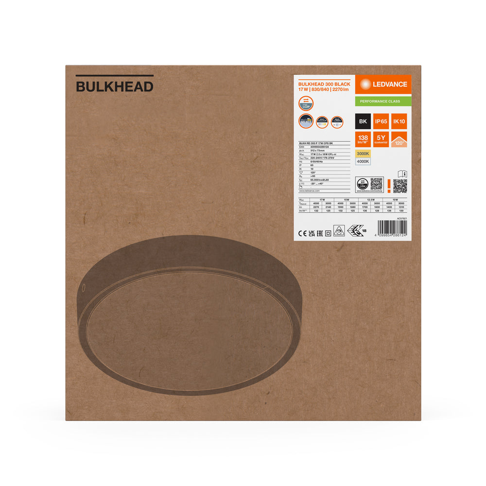 Ledvance Plafoniera LED Rotonda 300mm 17W IP65 IK10 2270 lumen 3000K 4000K Nera da Esterno a Soffitto o Parete