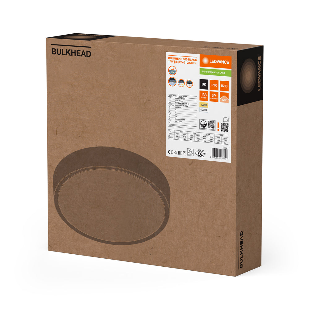Ledvance Plafoniera LED Rotonda 300mm 17W IP65 IK10 2270 lumen 3000K 4000K Nera da Esterno a Soffitto o Parete