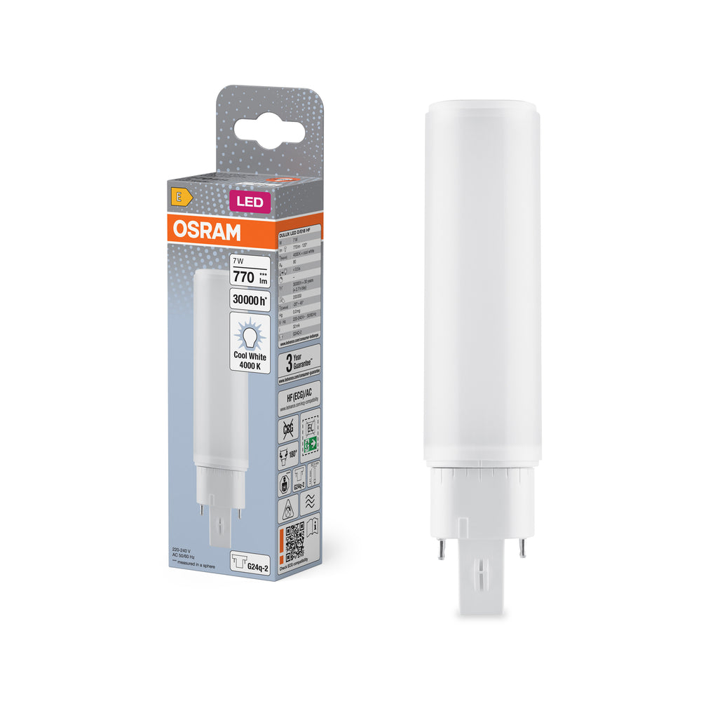 Lampada retrofit Ledvance OSRAM DULUX LED G24Q-2 7W 4000K bianco freddo, 770 lumen, IP20, 220-240V, base ruotabile