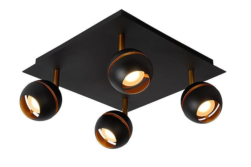 Lucide BINARI LED ceiling spotlight, 4x4.5W 2700K, round metal, matt sandy black with gold accents, IP20