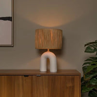 Lampada da tavolo LED Lucide Ronda con portalampada E27, paralume in rattan, base in ceramica, 28x28x45cm Bianco per uso interno