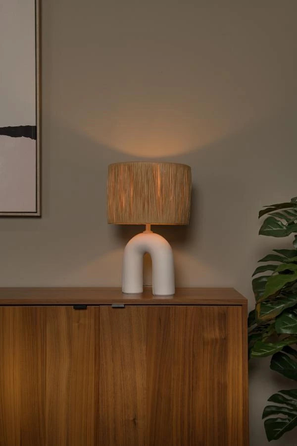 Lampada da tavolo LED Lucide Ronda con portalampada E27, paralume in rattan, base in ceramica, 28x28x45cm Bianco per uso interno