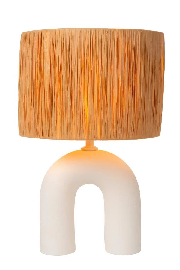 Lampada da tavolo LED Lucide Ronda con portalampada E27, paralume in rattan, base in ceramica, 28x28x45cm Bianco per uso interno